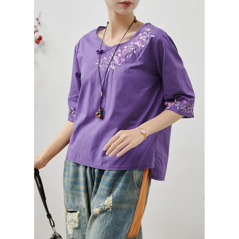 Fine Purple Embroidered Cotton Shirt Tops Half Sleeve
