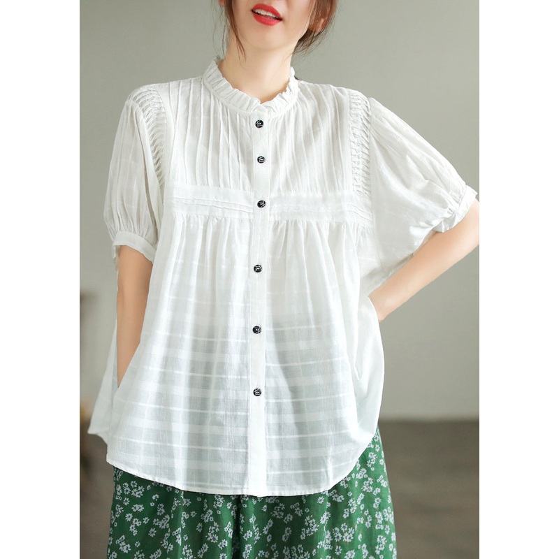 Fine White Stand Collar Wrinkled Cotton Blouse Top Summer