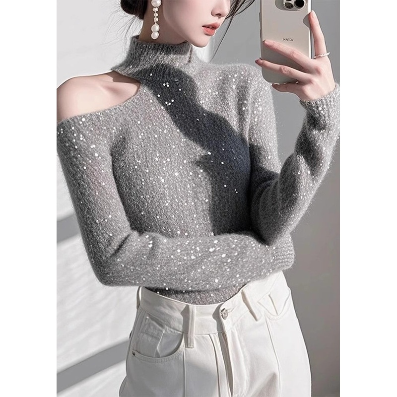 Fitted Grey Cold Shoulder Sequins Knit Sweaters Spring