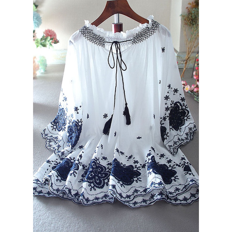 Fitted White Embroidered Cotton A Line Tops Summer