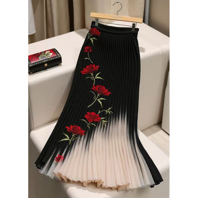 French Black Print Wrinkled Elastic Waist Chiffon Skirt Spring