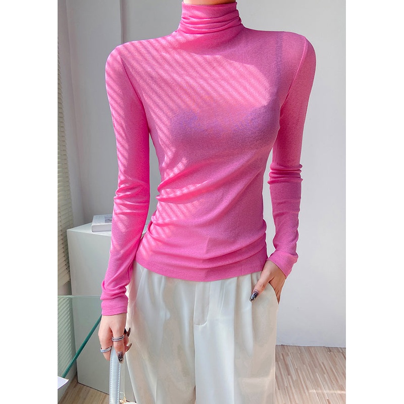 French Rose Hign Neck Slim Fit Woolen Knit Pullover Spring
