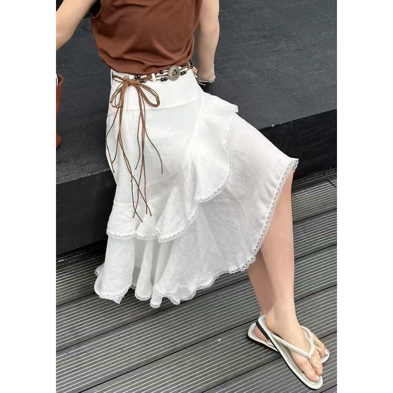 French White Asymmetrical Lace High Waist Cotton Skirt Summer
