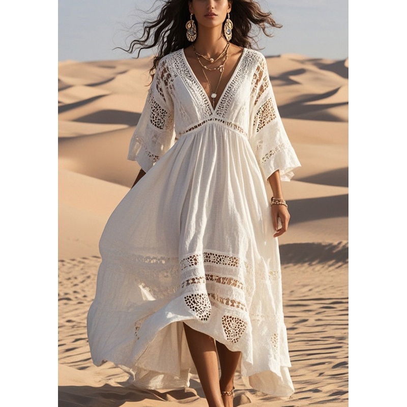 French White Oversized Hollow Out Cotton Dress Bracelet Sleeve