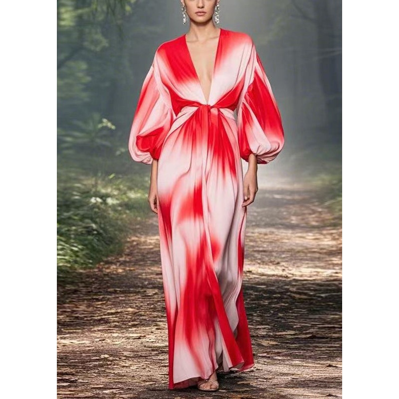 Gradient Color Red V Neck Tunic Chiffon Lantern Sleeve Maxi Dress Lantern Sleeve