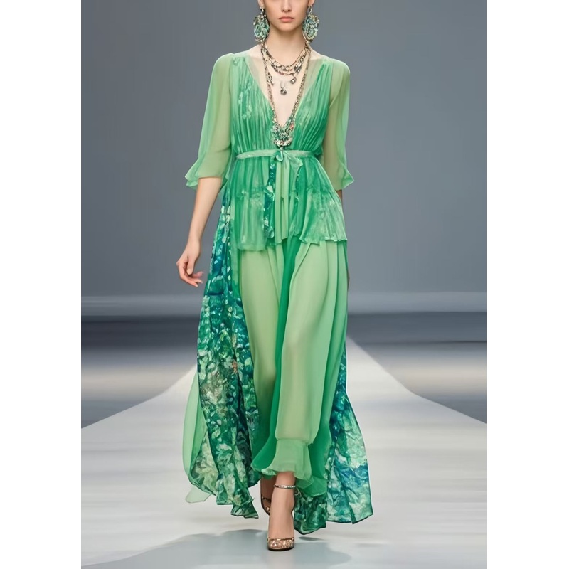 Grass Green Patchwork Chiffon Tunic Dresses Exra Large Hem Summer