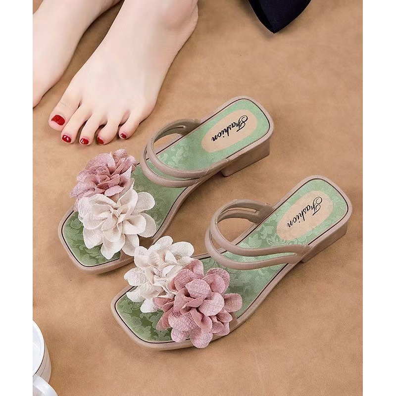 Green Floral Splicing Chunky Slide Sandals Peep Toe