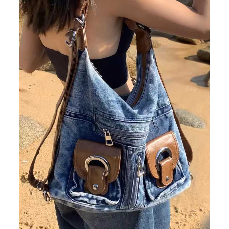 Handmade Blue Large Capacity Versatile Denim Satchel Handbag