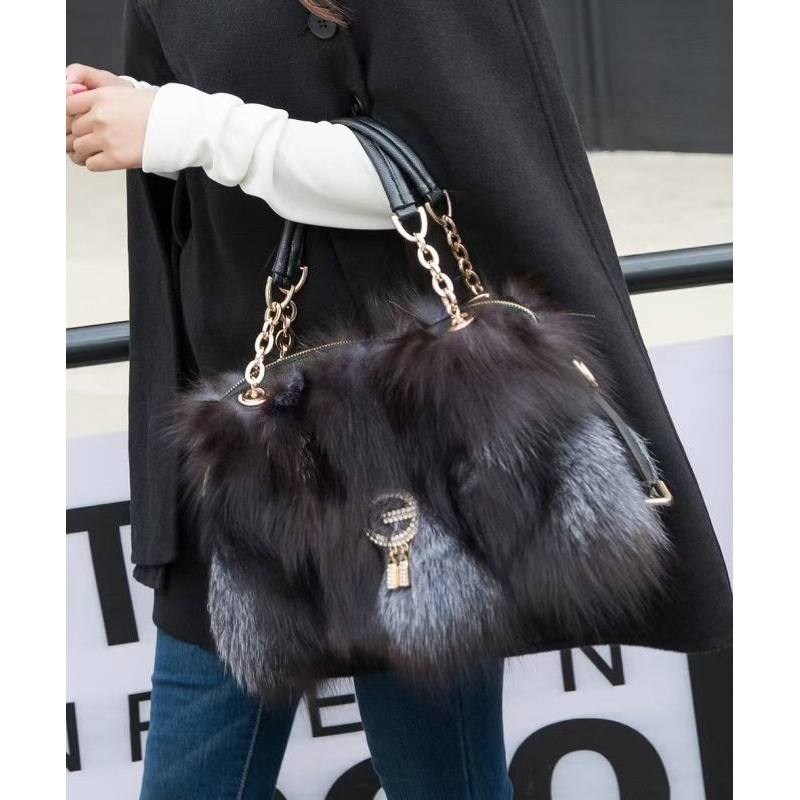 Handmade Boutique Grey Fox Fur Satchel Handbag