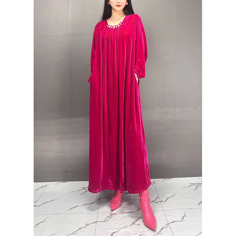 Handmade Rose O-Neck Wrinkled Velour Maxi Dresses Spring