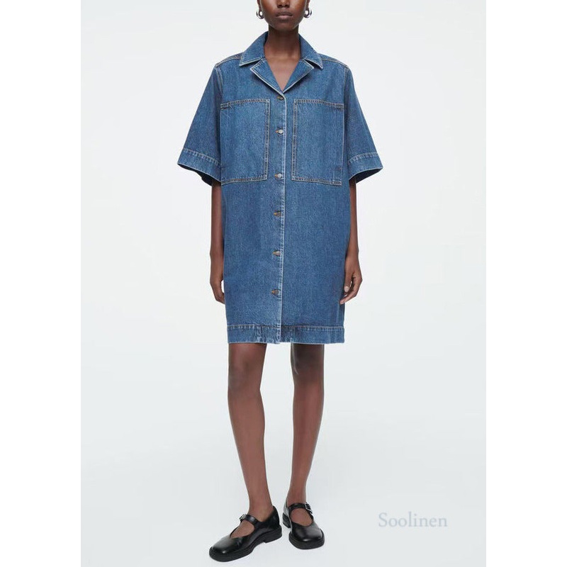 Italian Blue Notched Pockets Denim Straight Dress Summer