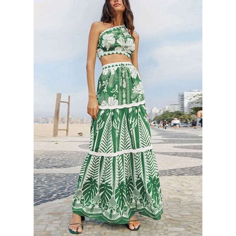 Italian Green One Shoulder Print Top And Maxi Skirts Two Pieces Set Sleeveless