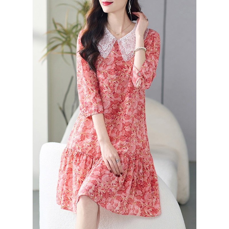 Italian Pink Peter Pan Collar Print Silk Dresses Summer