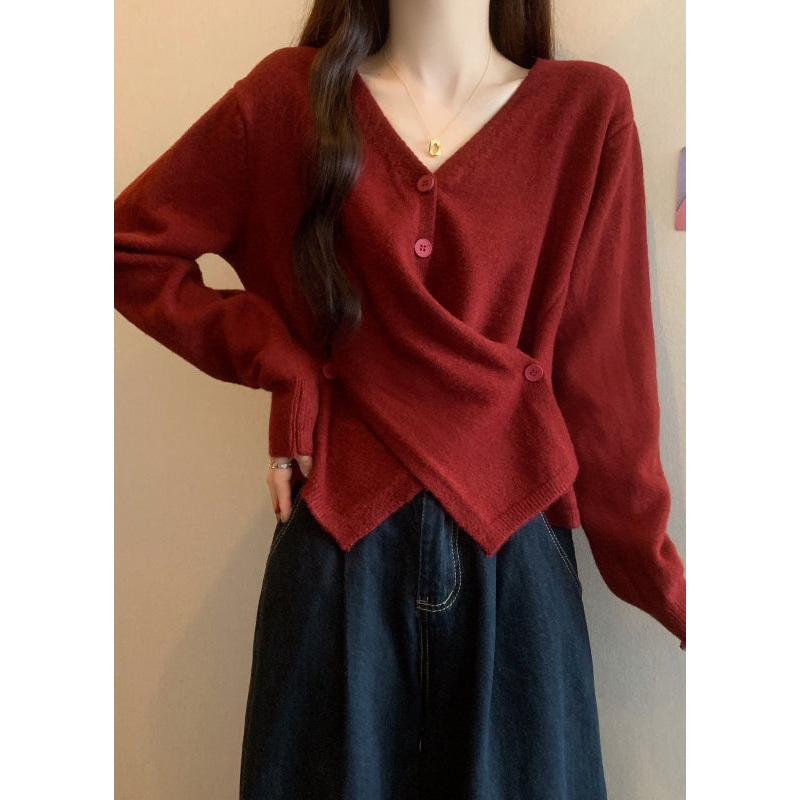 Italian Red Asymmetrical Design Knit Sweater Tops Fall