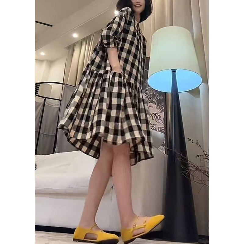 Loose Black Plaid Pockets Cotton Dress Half Sleeve