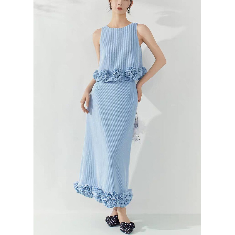 Loose Blue Striped Floral Solid Tank And Skirts Two Piece Set Sleeveless