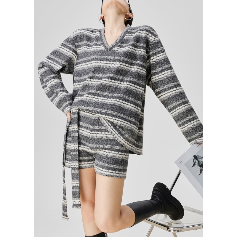 Loose Grey V Neck Striped Knit Two Pieces Set Fall