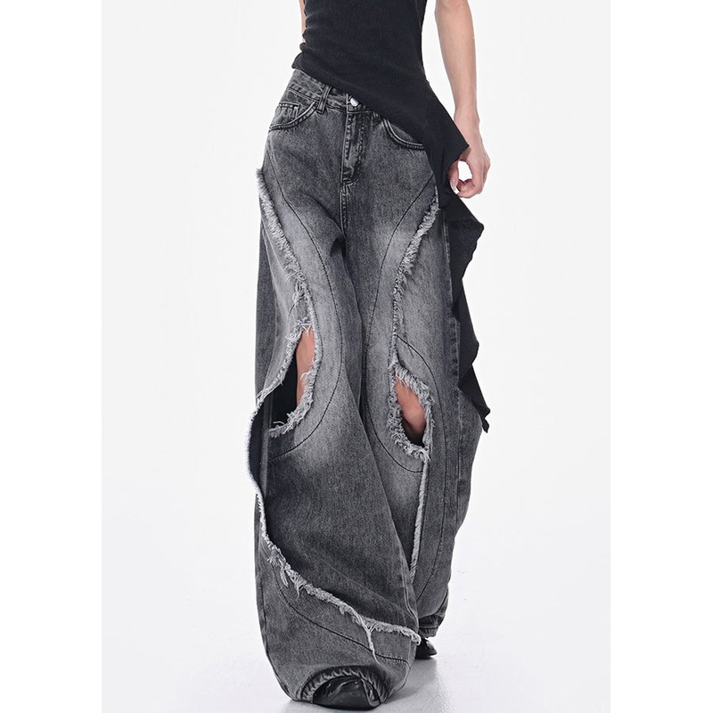 Modern Dark Gray Hole Pockets High Waist Denim Pants Fall