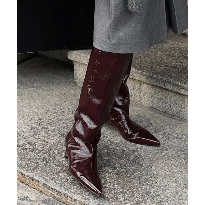 Mulberry Faux Leather Splicing Fashion Boots Pointed Toe