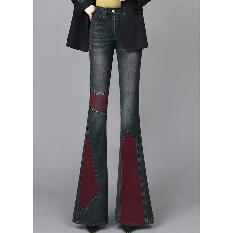 Mulberry Patchwork Denim Flared Trousers Asymmetrical Spring