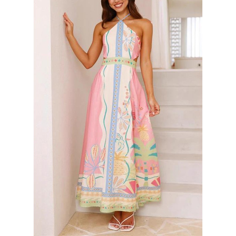 Natural Print Cold Shoulder Backless Maxi Dress Sleeveless