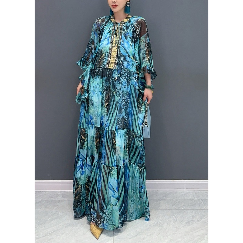 New Blue Tie Lace Patchwork Chiffon Maxi Dress Fall