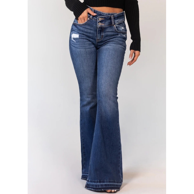New Denim Blue Hole Pockets High Waist Flared Trousers Spring