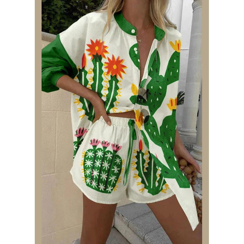 New Green Print Button Elastic Waist Cotton Two Pieces Set Spring