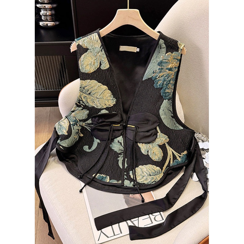 New Retro Black Tasseled Jacquard Silk Vests Summer