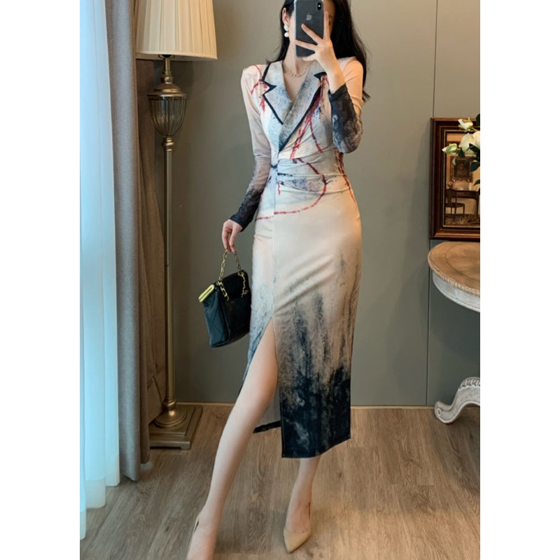 New Retro Notched Tie Dye Side Open Dress Summer