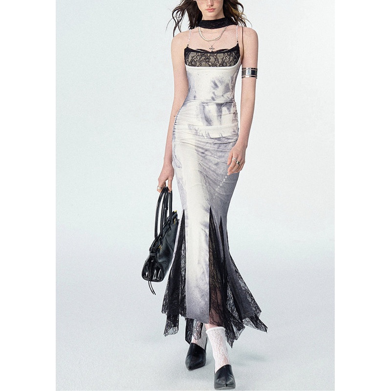 Novelty White Print Zircon Lace Patchwork Maxi Dress Sleeveless