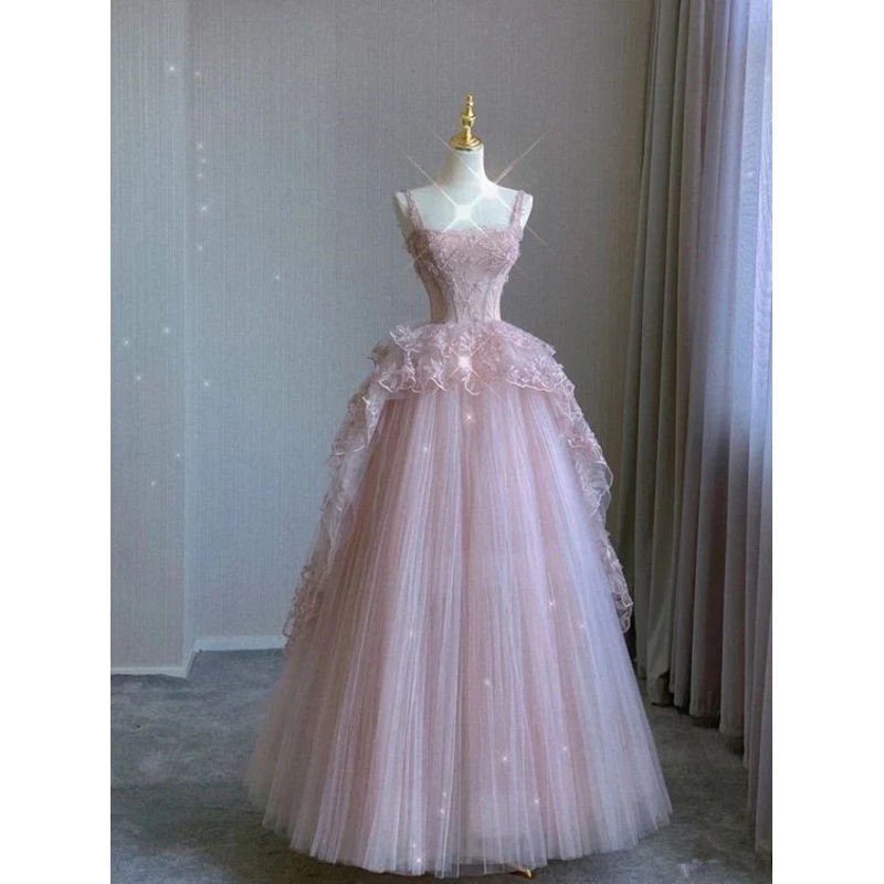 Pink Tulle Lace Long Prom Dress Pink Evening Dress J5939