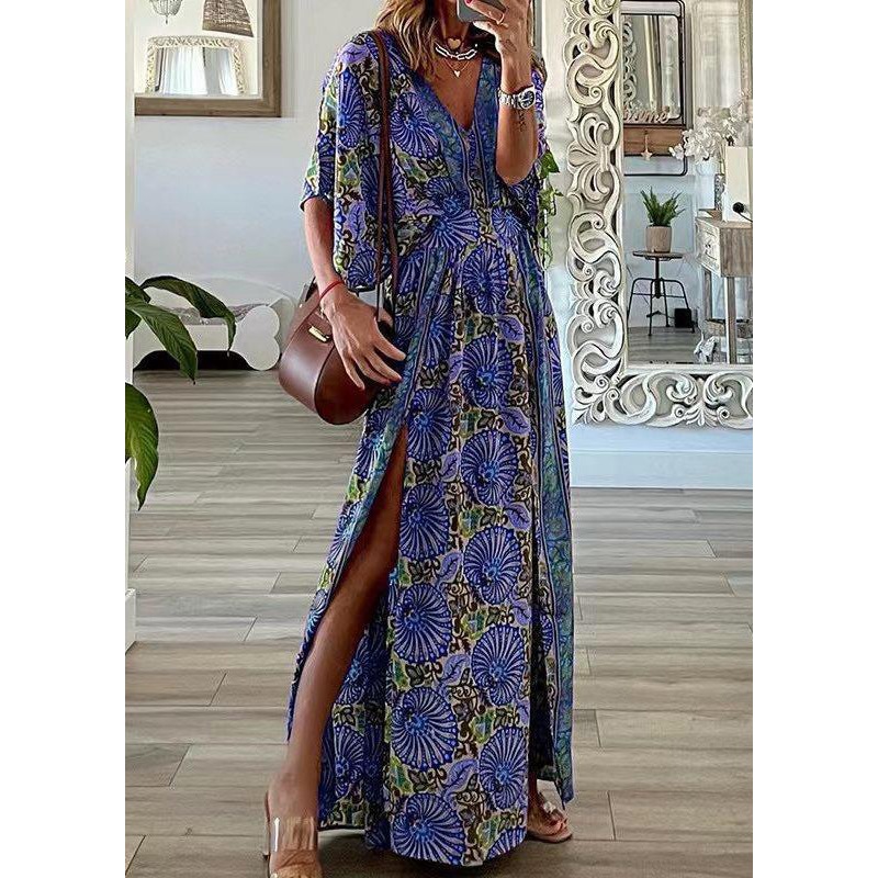 Plus Size Blue V Neck Print Side Open Cotton Maxi Dresses Summer