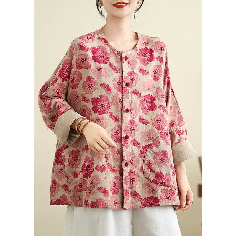Plus Size Red O Neck Pockets Print Cotton Shirts Coat Spring