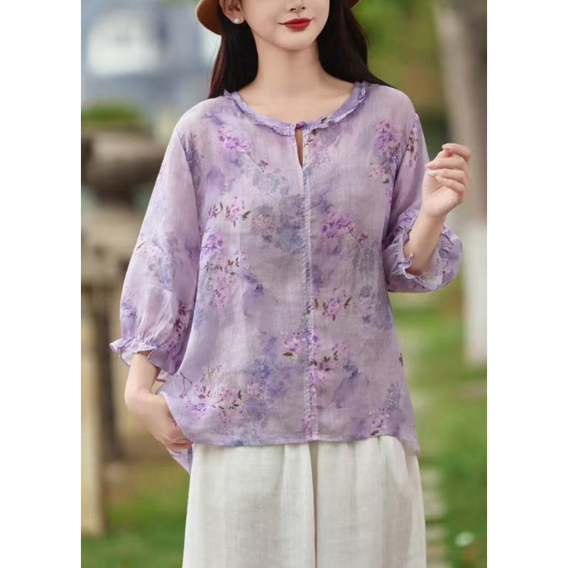 Purple Print Button Linen Shirt Ruffled Butterfly Sleeve
