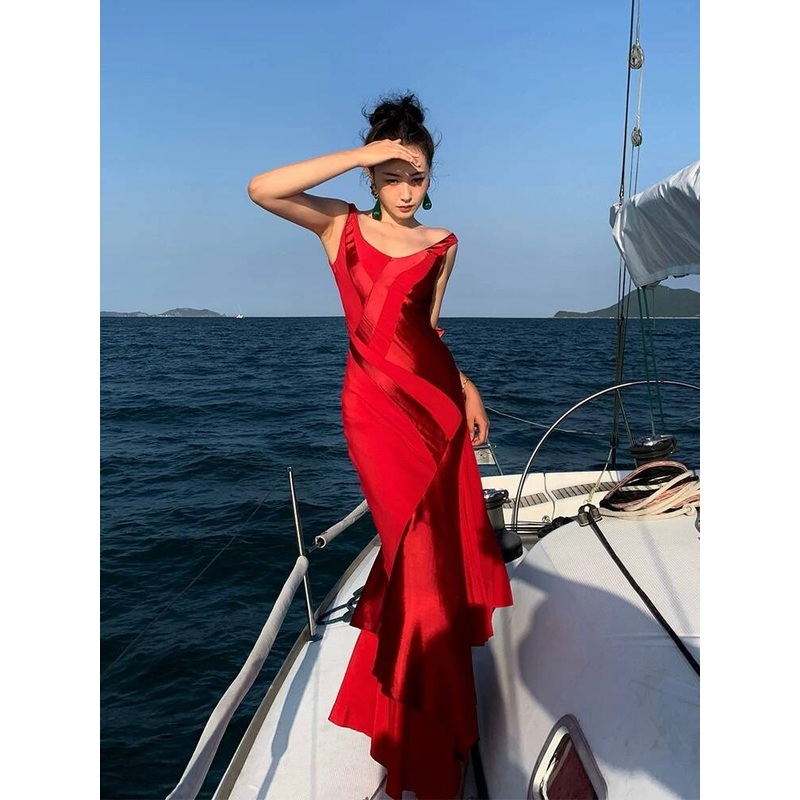 Red Mermaid Ruffle Long Prom Dress Formal Evening Gown J4795