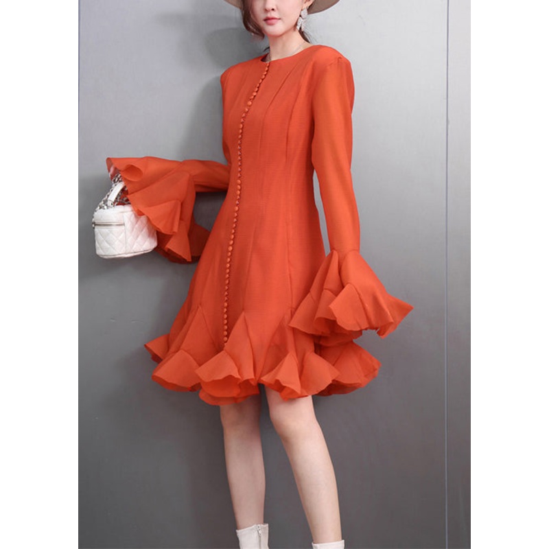 Silm Fit Orange Exra Large Hem Chiffon Party Dress Flare Sleeve