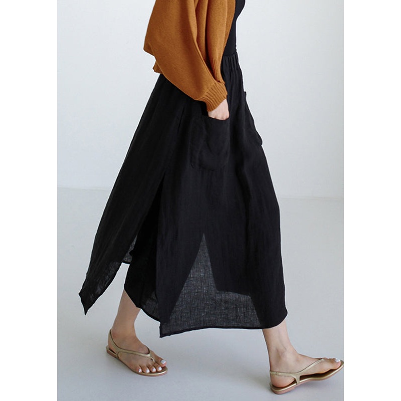 Simple Black Side Open Linen Pants Skirt Summer