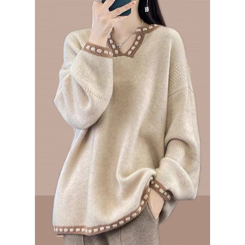 Simple Light Camel V Neck Patchwork Knit Sweaters Spring