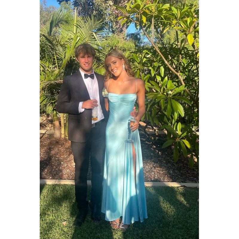 Spaghetti Straps A Line Blue Prom Dress Slit Formal Dress J5372