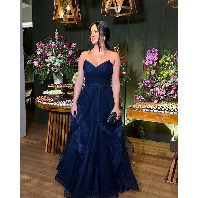 Strapless Navy Tulle A Line Long Prom Dresses J2741
