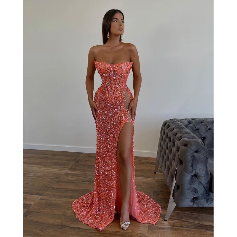 Strapless Sheath Sequin Long Prom Dress With Slit J2854