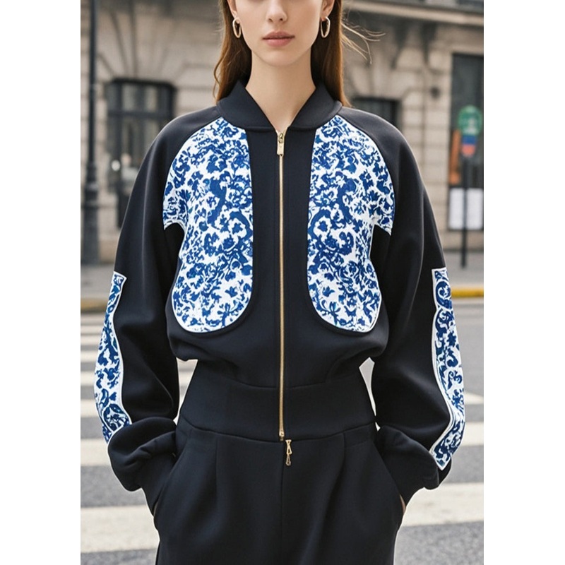 Stylish Black Stand Collar Print Cotton Sweatshirt Jacket Fall