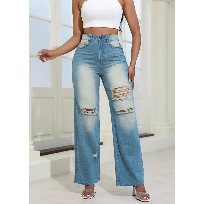 Stylish Blue Hole High Waist Denim Wide Leg Pants Summer
