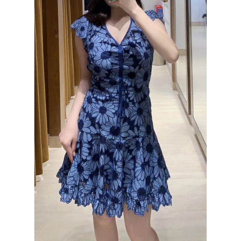 Stylish Blue V Neck Print Lace Up Cotton Mid Dress Summer
