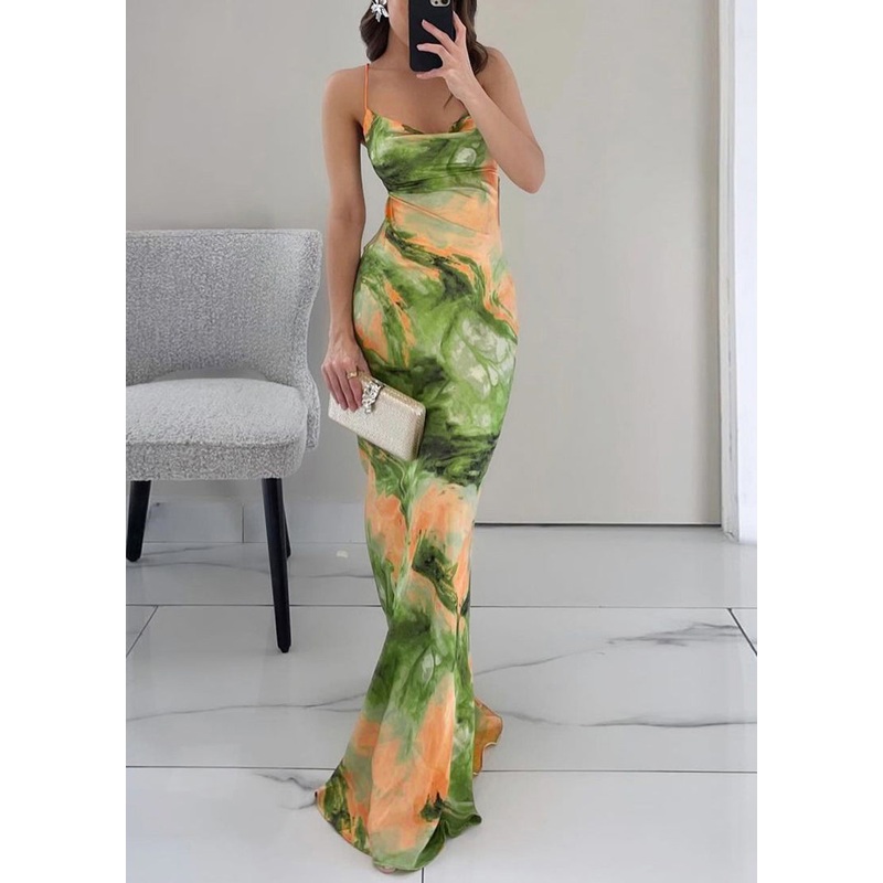 Stylish Green Backless Print Lace Up Maxi Dresses Summer