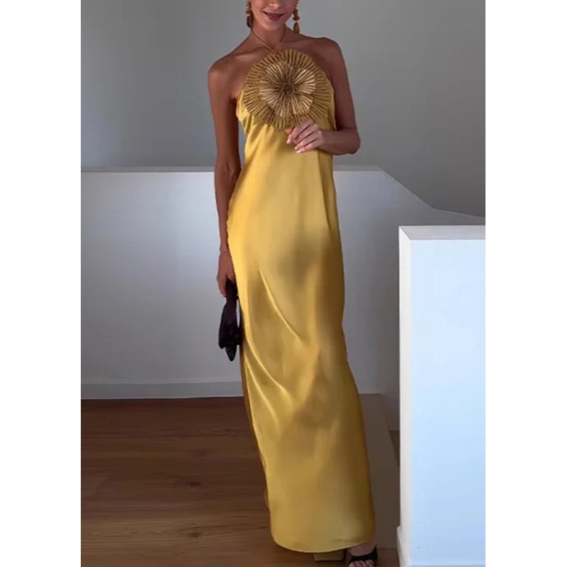 Stylish Yellow Floral Nail Bead Silk Party Dress Sleeveless