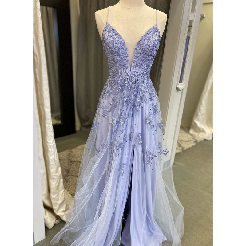 Tulle V Neck Long Party Dress Straps Prom Dress Applique Formal Dress J5036