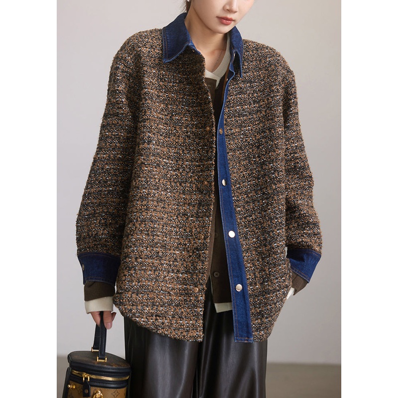 Unique Coffee Peter Pan Collar Button Patchwork Cotton Coats Spring