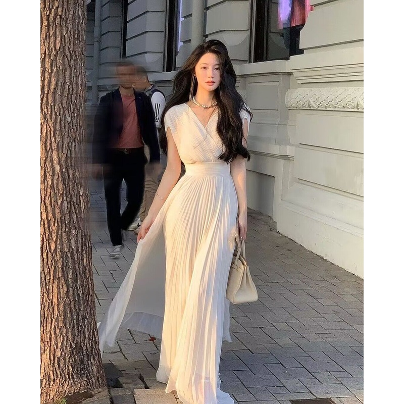 V Neck A Line White Chiffon Long Prom Dresses J2778